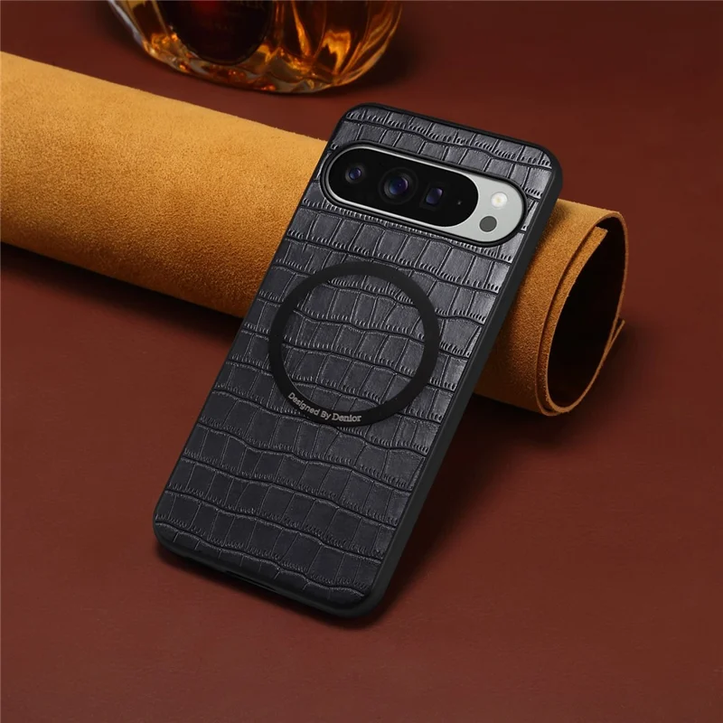 DENIOR A09+1 For Google Pixel 10 Pro XL Magnetic Case Crocodile Texture Leather Coated PC TPU Phone Cover - Black