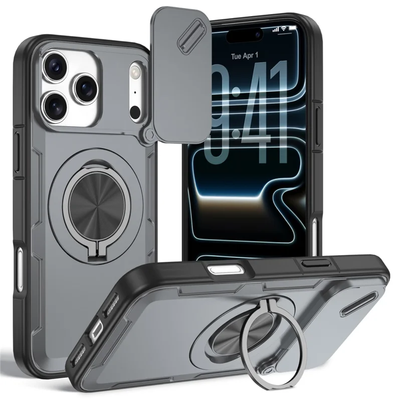 For iPhone 17 Pro Max Magnetic Case Slide Camera Cover Rotary Kickstand PC + TPU Phone Shell - Grey