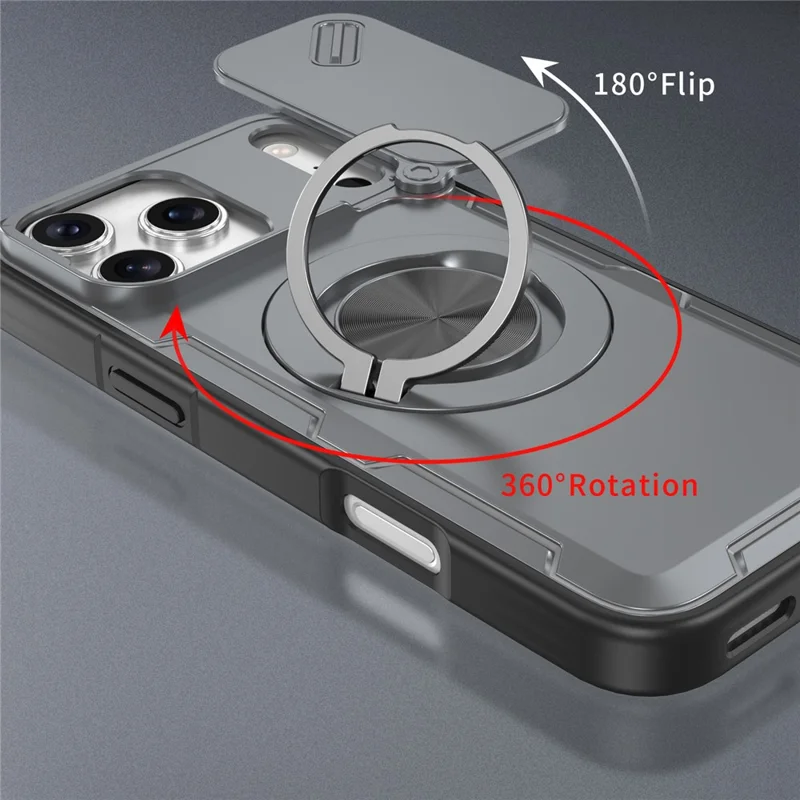 For iPhone 17 Pro Max Magnetic Case Slide Camera Cover Rotary Kickstand PC + TPU Phone Shell - Grey