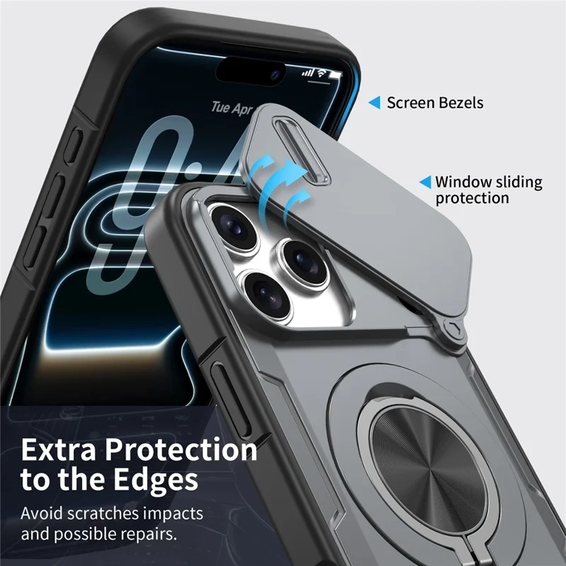 For iPhone 17 Pro Max Magnetic Case Slide Camera Cover Rotary Kickstand PC + TPU Phone Shell - Grey