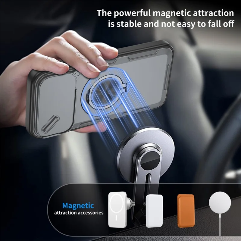 For iPhone 17 Pro Max Magnetic Case Slide Camera Cover Rotary Kickstand PC + TPU Phone Shell - Grey