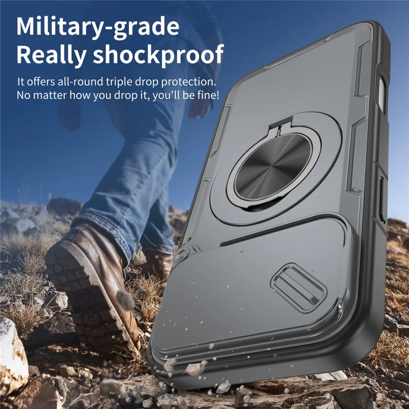 For iPhone 17 Pro Max Magnetic Case Slide Camera Cover Rotary Kickstand PC + TPU Phone Shell - Grey