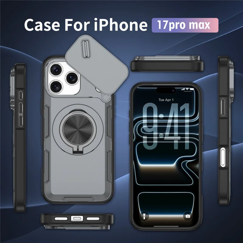 For iPhone 17 Pro Max Magnetic Case Slide Camera Cover Rotary Kickstand PC + TPU Phone Shell - Grey