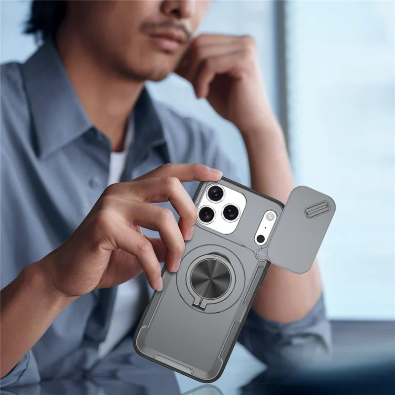 For iPhone 17 Pro Max Magnetic Case Slide Camera Cover Rotary Kickstand PC + TPU Phone Shell - Grey