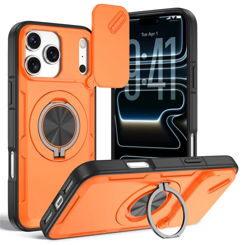 Coque magnétique pour iPhone 17 Pro avec couvercle coulissant pour appareil photo, support rotatif, coque en PC + TPU - Orange