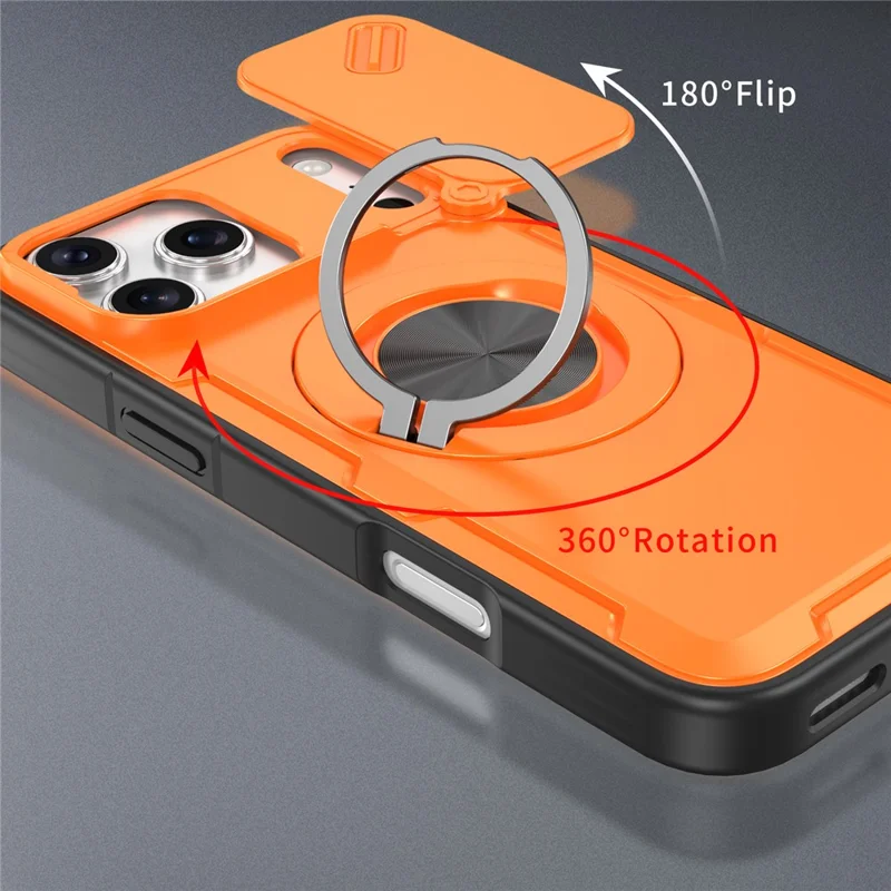 Coque magnétique pour iPhone 17 Pro avec couvercle coulissant pour appareil photo, support rotatif, coque en PC + TPU - Orange