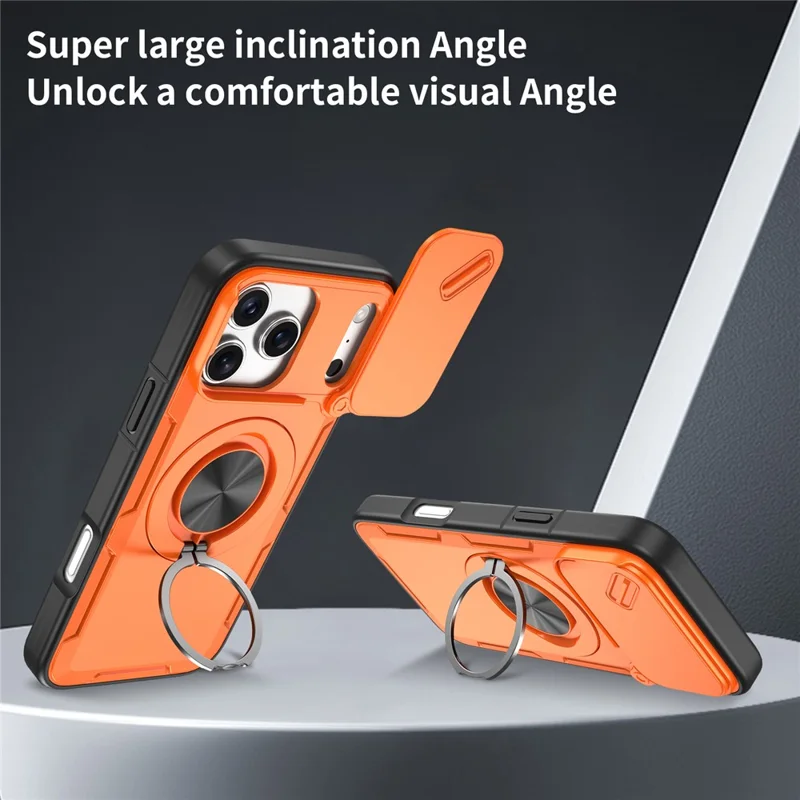 Coque magnétique pour iPhone 17 Pro avec couvercle coulissant pour appareil photo, support rotatif, coque en PC + TPU - Orange