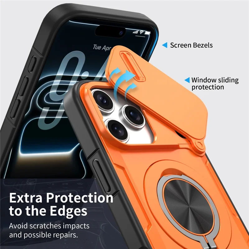 Coque magnétique pour iPhone 17 Pro avec couvercle coulissant pour appareil photo, support rotatif, coque en PC + TPU - Orange