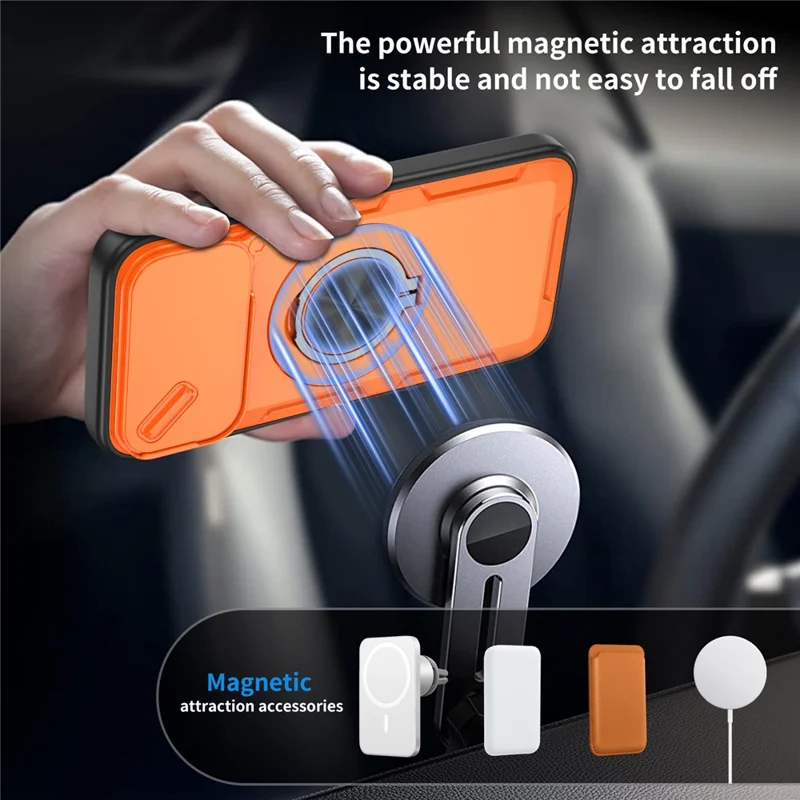 Coque magnétique pour iPhone 17 Pro avec couvercle coulissant pour appareil photo, support rotatif, coque en PC + TPU - Orange