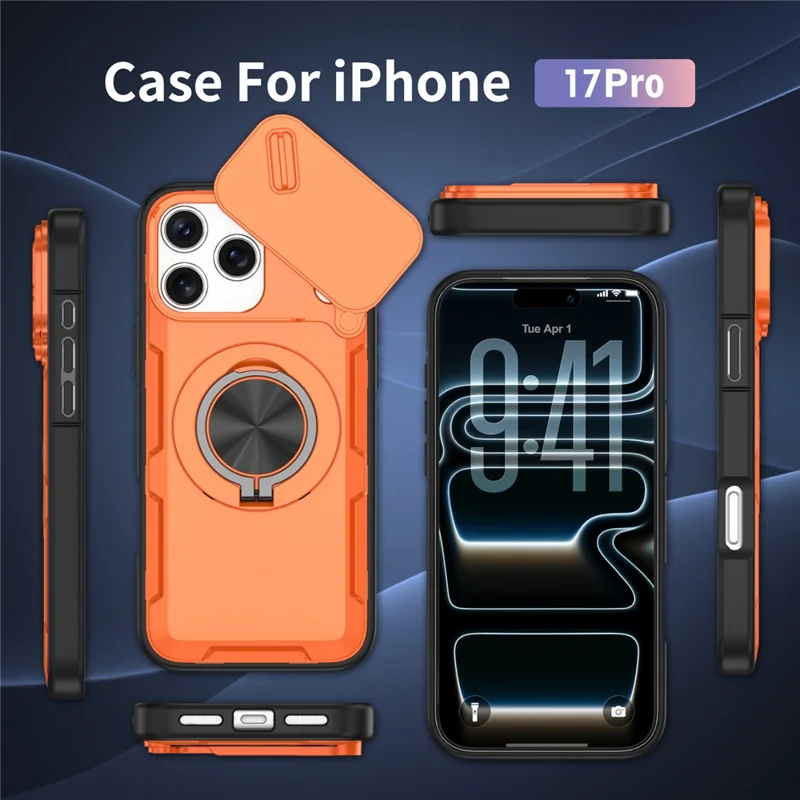 Coque magnétique pour iPhone 17 Pro avec couvercle coulissant pour appareil photo, support rotatif, coque en PC + TPU - Orange