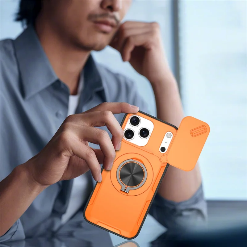 Coque magnétique pour iPhone 17 Pro avec couvercle coulissant pour appareil photo, support rotatif, coque en PC + TPU - Orange