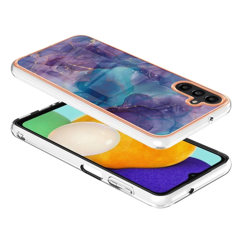 For Samsung Galaxy A13 5G / M13 5G / A04 4G (164.4 x 76.3 x 9.1 mm) YB IMD Series-16 Marble Case Style E IMD Electroplating Frame 2.0mm TPU Shockproof Flexible Phone Cover - Purple