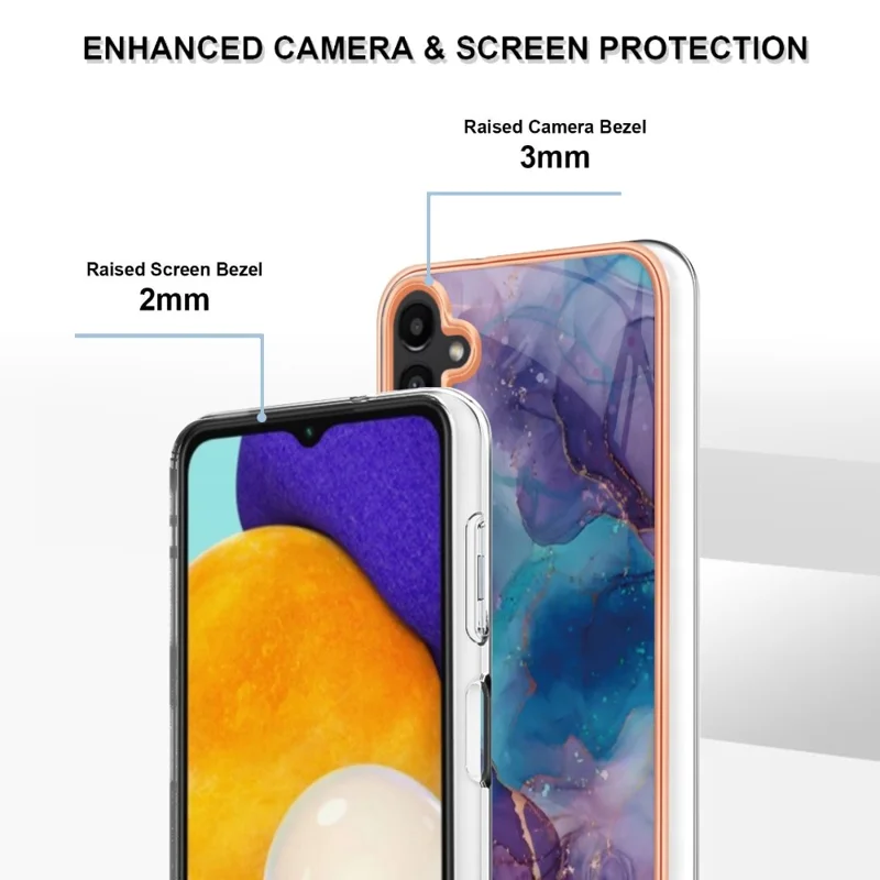 For Samsung Galaxy A13 5G / M13 5G / A04 4G (164.4 x 76.3 x 9.1 mm) YB IMD Series-16 Marble Case Style E IMD Electroplating Frame 2.0mm TPU Shockproof Flexible Phone Cover - Purple