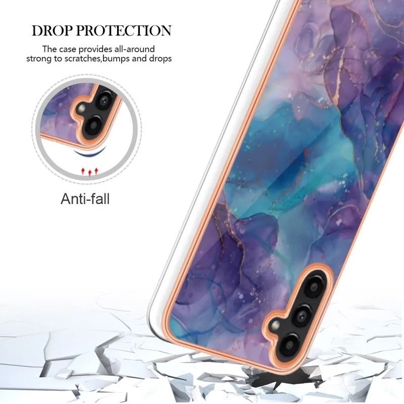 For Samsung Galaxy A13 5G / M13 5G / A04 4G (164.4 x 76.3 x 9.1 mm) YB IMD Series-16 Marble Case Style E IMD Electroplating Frame 2.0mm TPU Shockproof Flexible Phone Cover - Purple