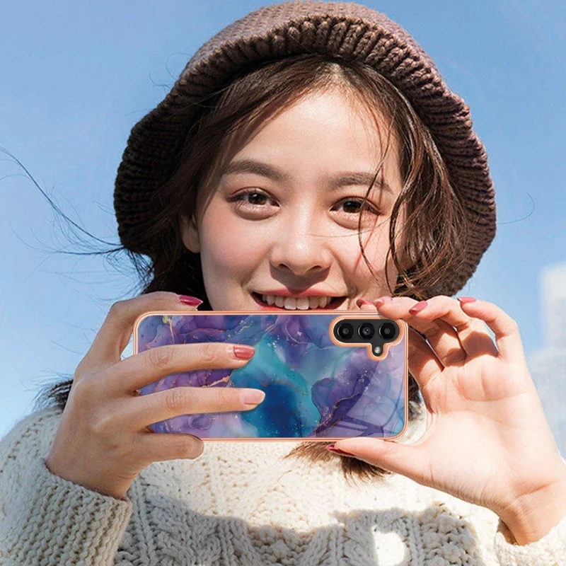 For Samsung Galaxy A13 5G / M13 5G / A04 4G (164.4 x 76.3 x 9.1 mm) YB IMD Series-16 Marble Case Style E IMD Electroplating Frame 2.0mm TPU Shockproof Flexible Phone Cover - Purple