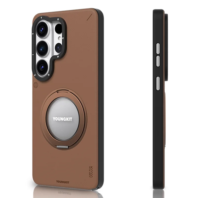 YOUNGKIT For Samsung Galaxy S26 Ultra Case Rotating Kickstand Shockproof TPU + PU Leather Phone Back Cover - Brown