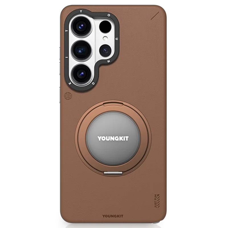 YOUNGKIT For Samsung Galaxy S26 Ultra Case Rotating Kickstand Shockproof TPU + PU Leather Phone Back Cover - Brown