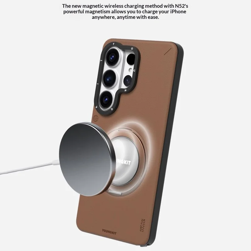 YOUNGKIT For Samsung Galaxy S26 Ultra Case Rotating Kickstand Shockproof TPU + PU Leather Phone Back Cover - Brown