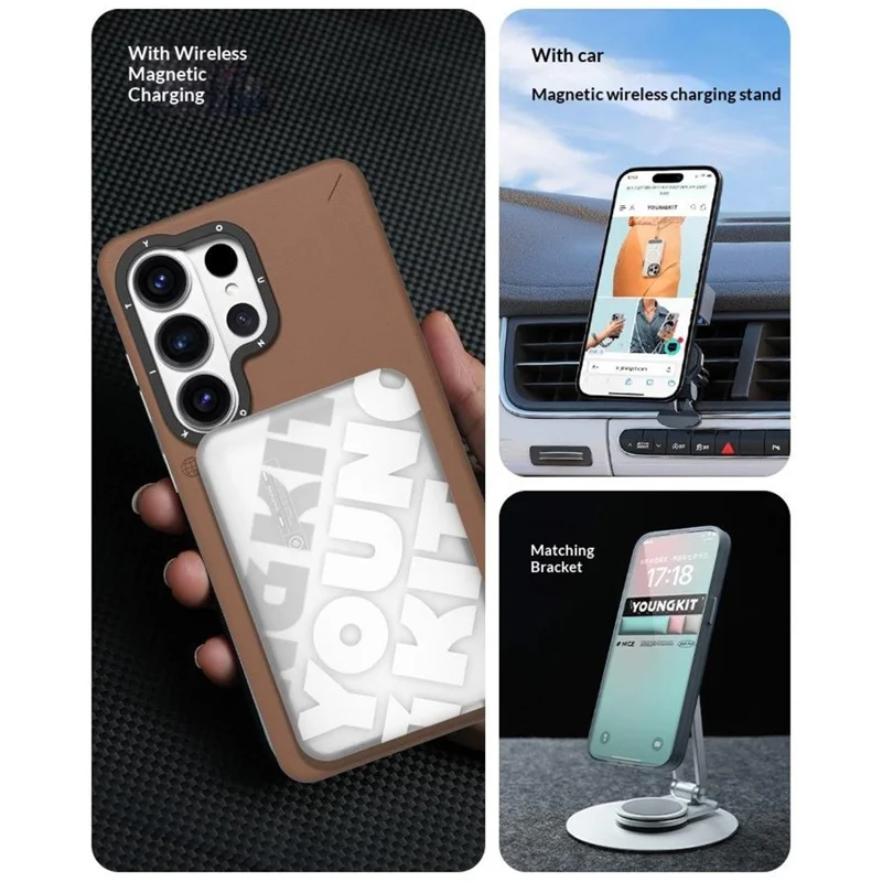 YOUNGKIT For Samsung Galaxy S26 Ultra Case Rotating Kickstand Shockproof TPU + PU Leather Phone Back Cover - Brown