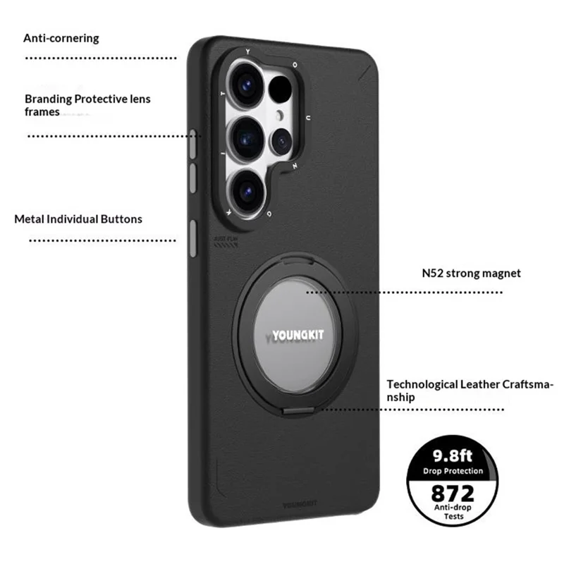 YOUNGKIT For Samsung Galaxy S26 Ultra Case Rotating Kickstand Shockproof TPU + PU Leather Phone Back Cover - Brown