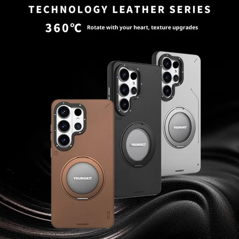 YOUNGKIT For Samsung Galaxy S26 Ultra Case Rotating Kickstand Shockproof TPU + PU Leather Phone Back Cover - Brown