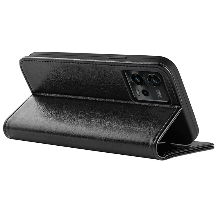 Para Motorola Moto G72 4G Crazy Horse Texture Phone Wallet Case Stand PU Leather Coated TPU Scratch-resistant Cell Phone Cover - Black