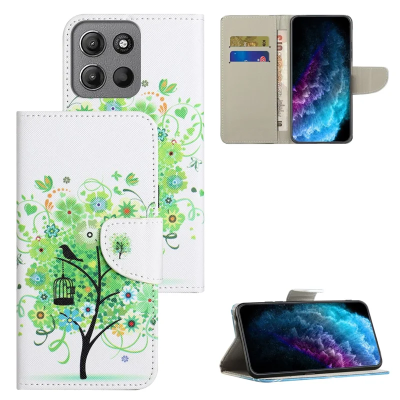 Case for Motorola Moto G77 5G  /  G67 5G Pattern Printing Cross Texture Leather Phone Cover - Green Tree