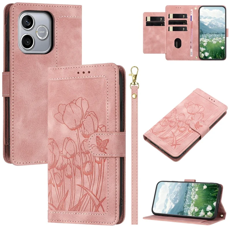 For Honor 600 Lite 5G Case Tulip Leather Phone Cover with 5 Card Slots Wallet - Pink