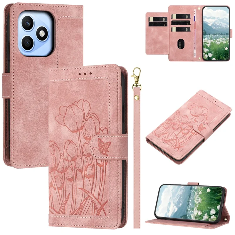 For Honor X8d 4G Case Tulip Leather Phone Cover with 5 Card Slots Wallet - Pink