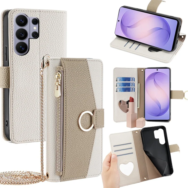 For Samsung Galaxy S26 Ultra Case Mirror Wallet Leather Phone Cover with Chain Shoulder Strap - White