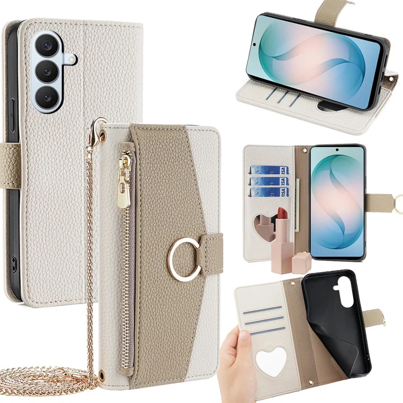 For Samsung Galaxy S26+ Case Mirror Wallet Leather Phone Cover with Chain Shoulder Strap - White