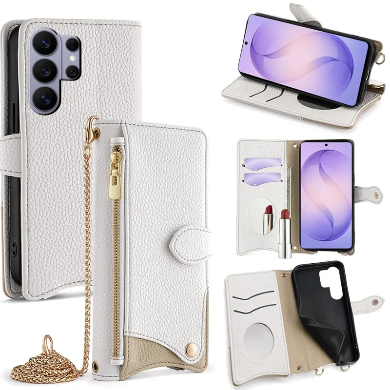 For Samsung Galaxy S26 Ultra Leather Case Wallet Stand Cover Irregular Tail Style with Chain Strap - White