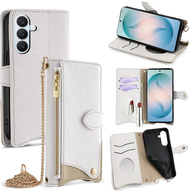 For Samsung Galaxy S26+ Leather Case Wallet Stand Cover Irregular Tail Style with Chain Strap - White