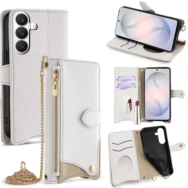 For Samsung Galaxy S26 Leather Case Wallet Stand Cover Irregular Tail Style with Chain Strap - White