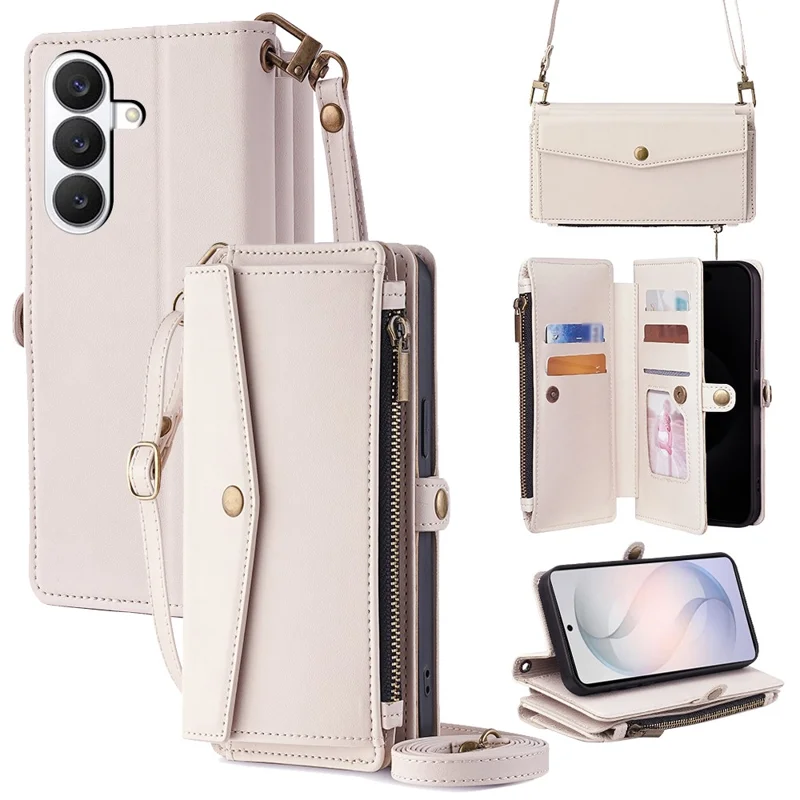 For Samsung Galaxy S26 Case Card Slots Zipper Purse PU Leather Phone Cover with Shoulder Strap - White