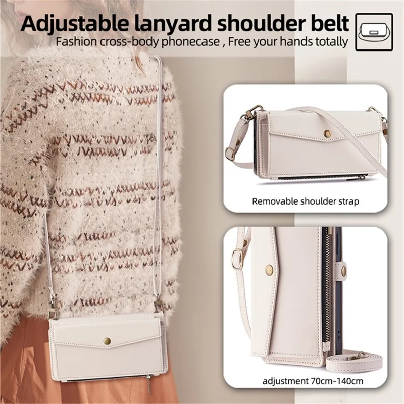 For Samsung Galaxy S26 Case Card Slots Zipper Purse PU Leather Phone Cover with Shoulder Strap - White