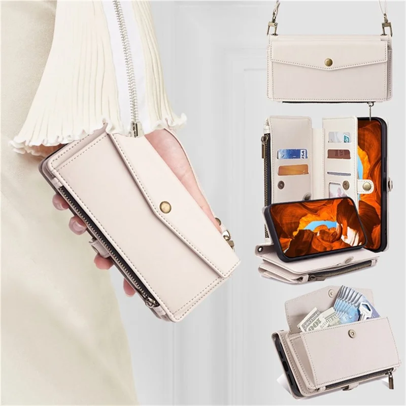 For Samsung Galaxy S26 Case Card Slots Zipper Purse PU Leather Phone Cover with Shoulder Strap - White