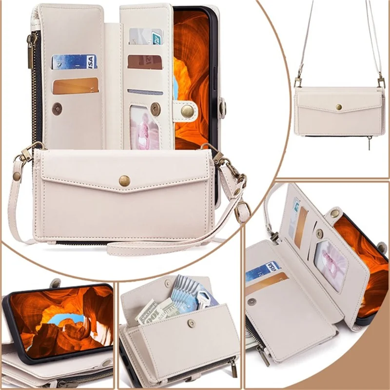 For Samsung Galaxy S26 Case Card Slots Zipper Purse PU Leather Phone Cover with Shoulder Strap - White