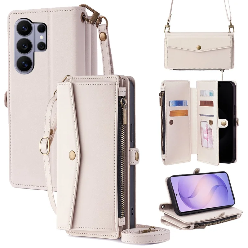 For Samsung Galaxy S26 Ultra Case Card Slots Zipper Purse PU Leather Phone Cover with Shoulder Strap - White