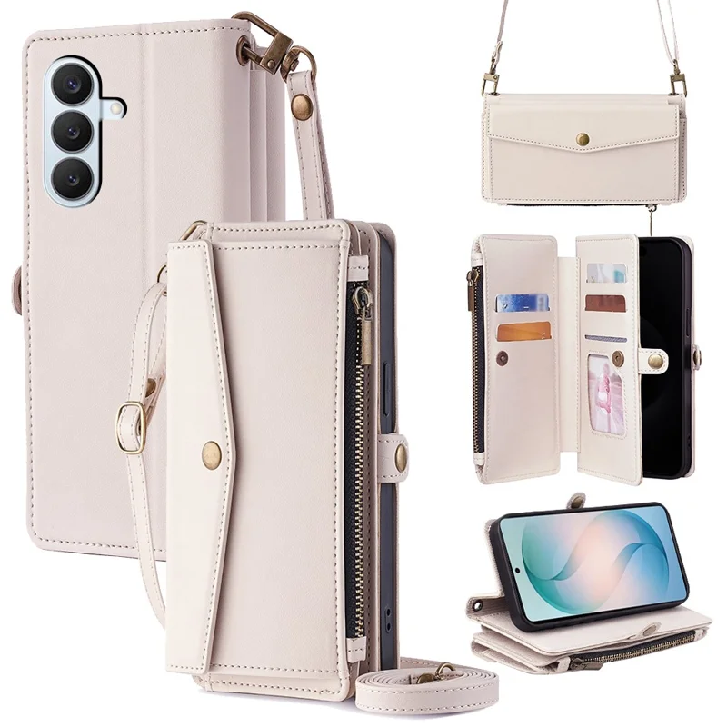 For Samsung Galaxy S26+ Case Card Slots Zipper Purse PU Leather Phone Cover with Shoulder Strap - White