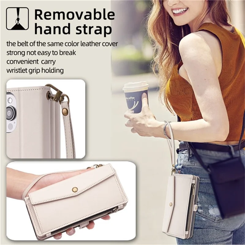 For Samsung Galaxy S26+ Case Card Slots Zipper Purse PU Leather Phone Cover with Shoulder Strap - White