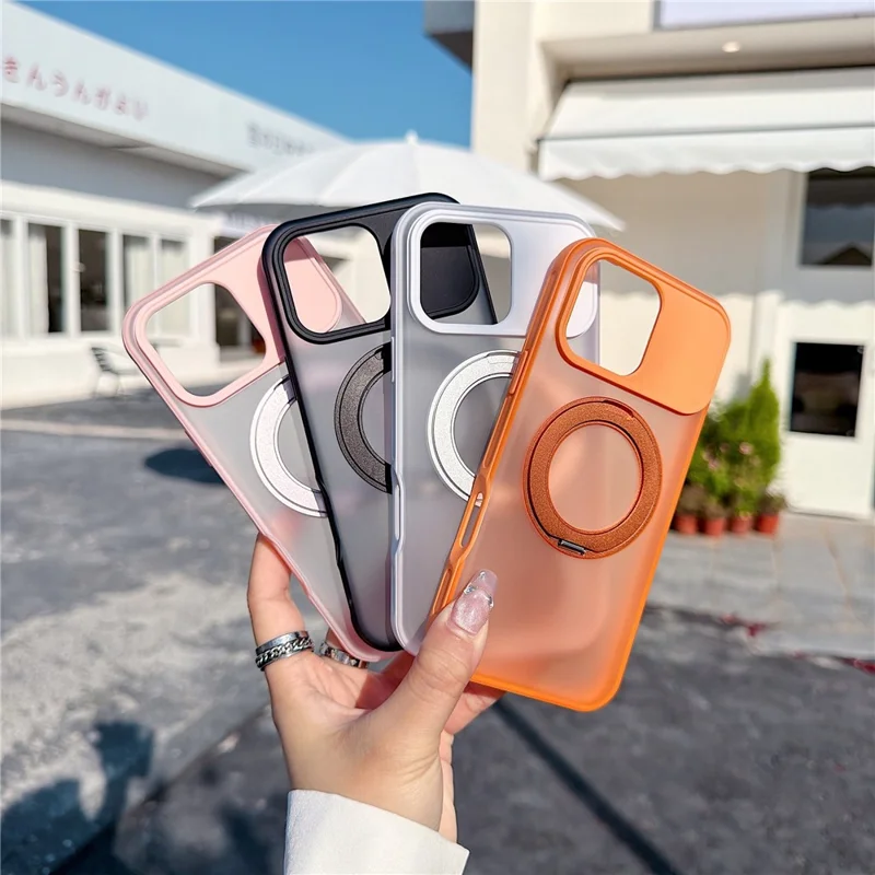 For iPhone 16 Pro Magnetic Case Rotating Ring Kickstand PC + TPU Skin-touch Phone Cover - Transparent Orange