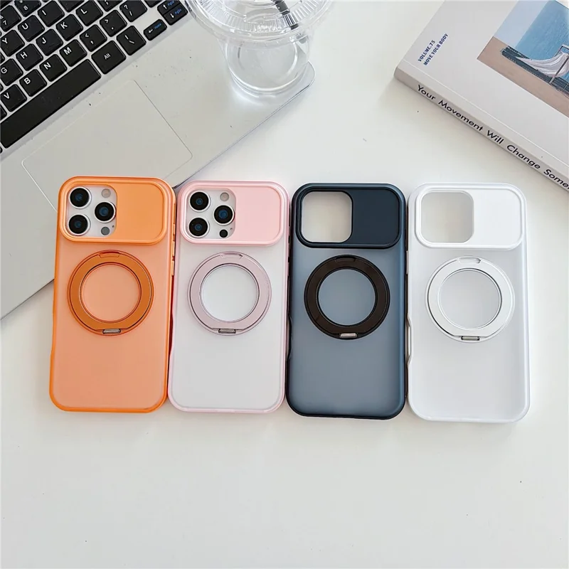 For iPhone 16 Pro Magnetic Case Rotating Ring Kickstand PC + TPU Skin-touch Phone Cover - Transparent Orange