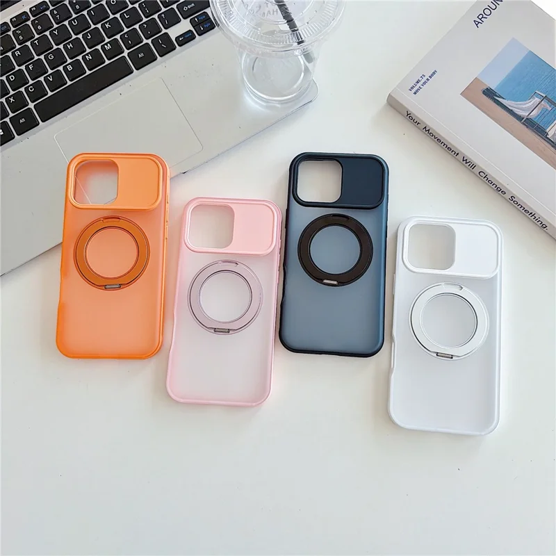 For iPhone 16 Pro Magnetic Case Rotating Ring Kickstand PC + TPU Skin-touch Phone Cover - Transparent Orange