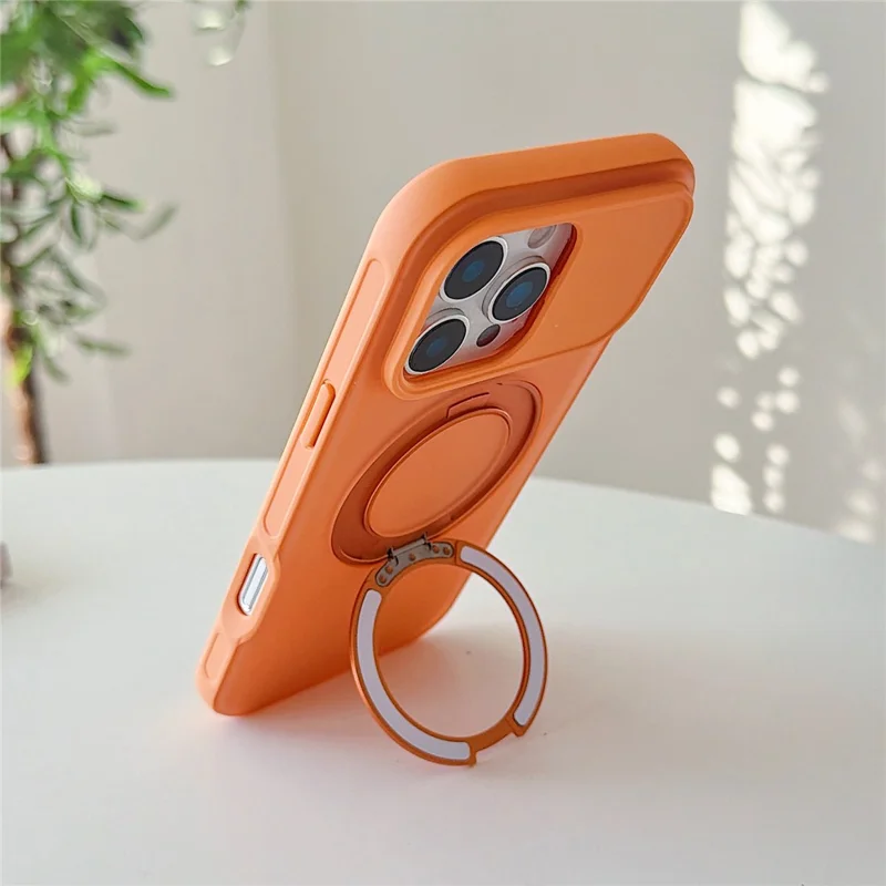 For iPhone 16 Pro Magnetic Case Rotating Ring Kickstand PC + TPU Skin-touch Phone Cover - Transparent Orange