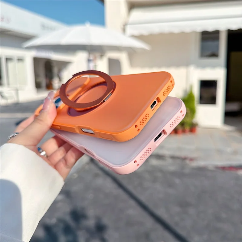 For iPhone 16 Pro Magnetic Case Rotating Ring Kickstand PC + TPU Skin-touch Phone Cover - Transparent Orange