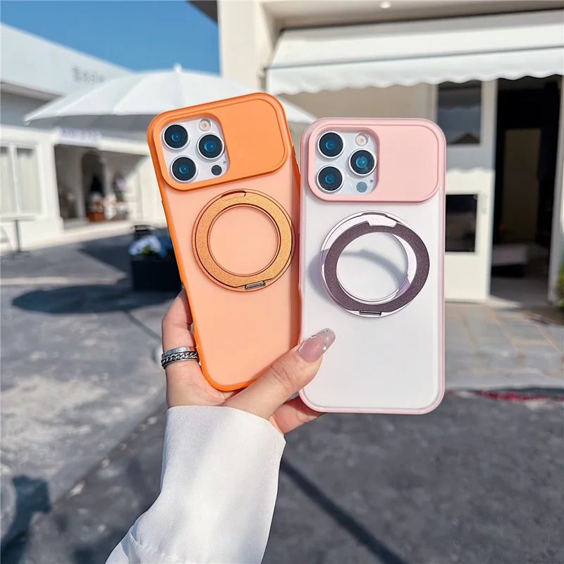 For iPhone 16 Pro Magnetic Case Rotating Ring Kickstand PC + TPU Skin-touch Phone Cover - Transparent Orange