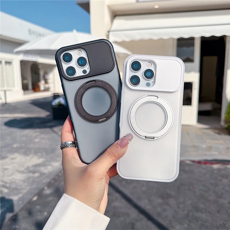 For iPhone 16 Pro Magnetic Case Rotating Ring Kickstand PC + TPU Skin-touch Phone Cover - Transparent Orange