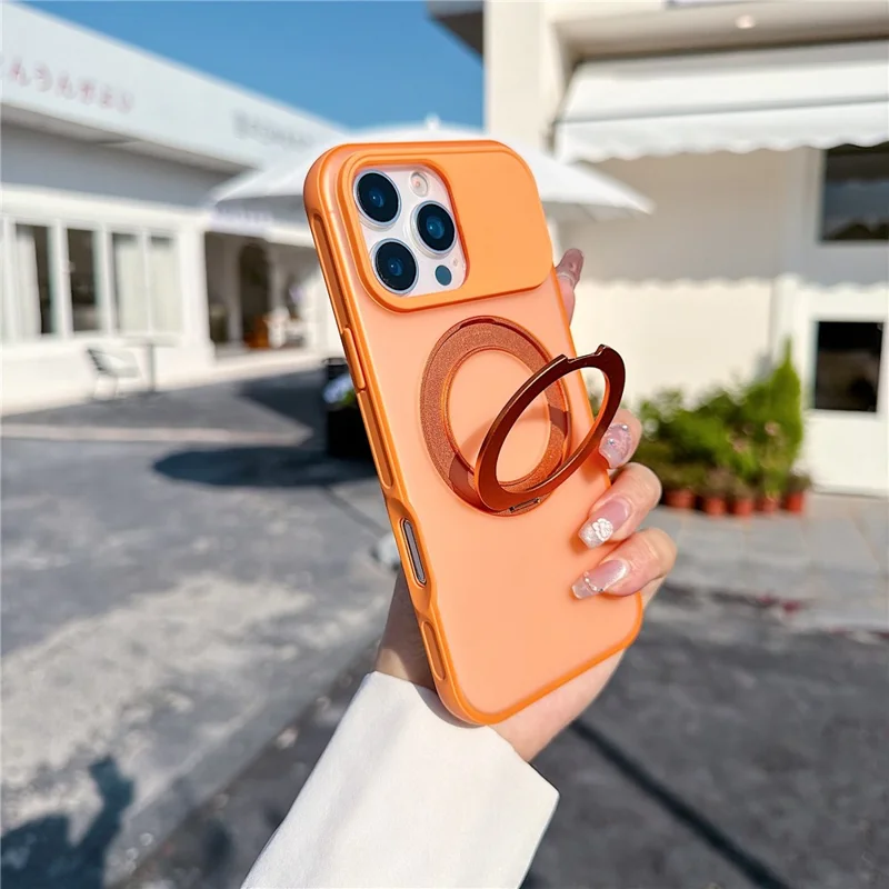 For iPhone 16 Pro Max Magnetic Case Rotating Ring Kickstand PC + TPU Skin-touch Phone Cover - Transparent Orange