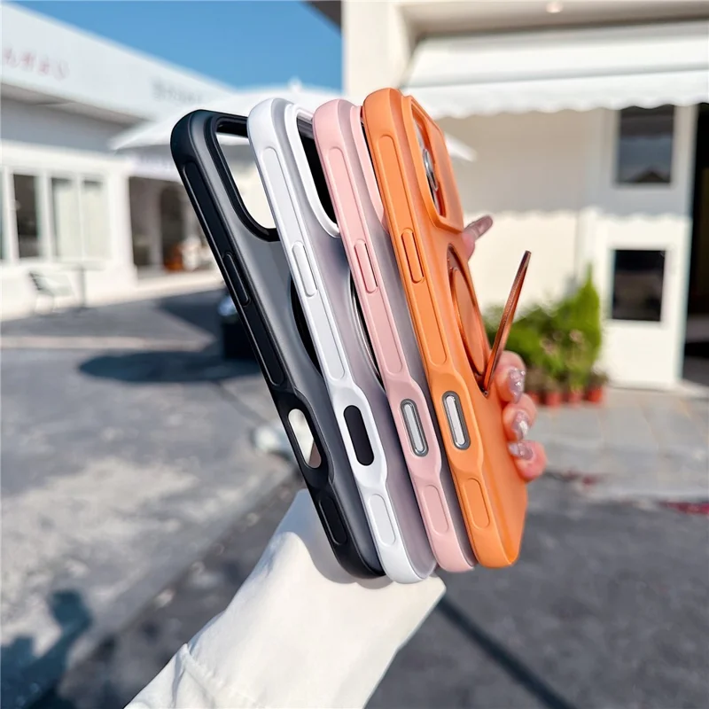 For iPhone 16 Pro Max Magnetic Case Rotating Ring Kickstand PC + TPU Skin-touch Phone Cover - Transparent Orange